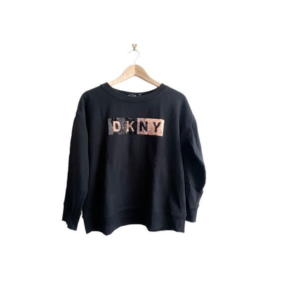 DKNY Sport Reversible Sequined Logo Long-Line Sweatshirt Black Women's M - Picture 1 of 8